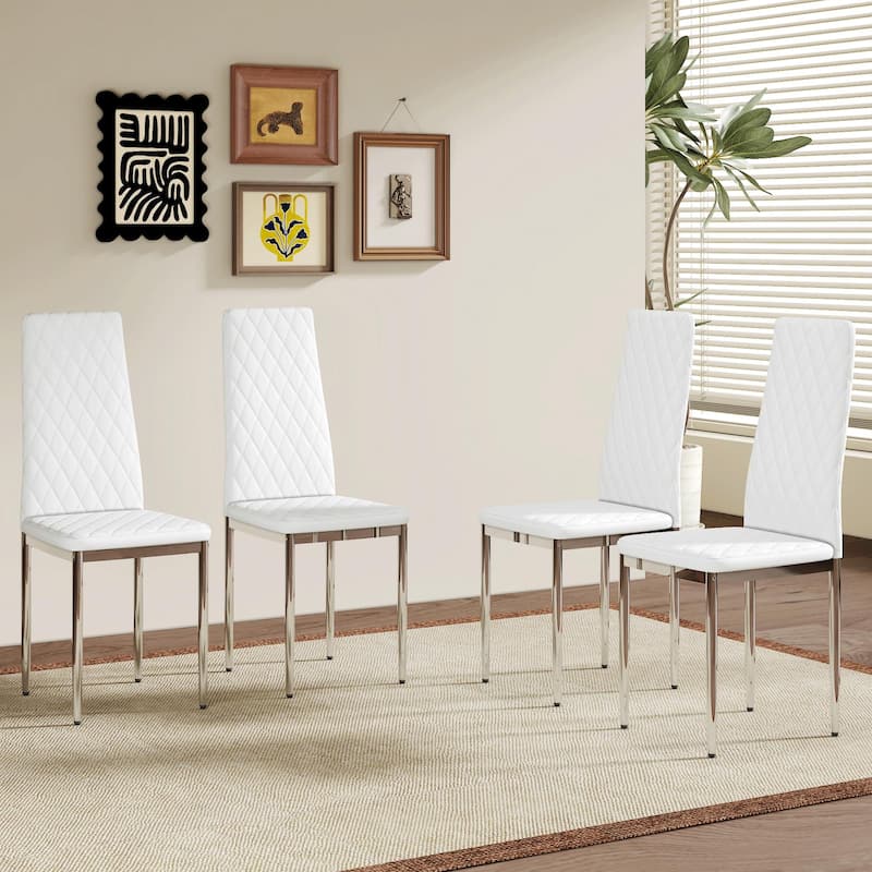Modern White PU Dining Chairs Set of 4 - Diamond Quilted High Back Design with Silver Chrome Metal Legs