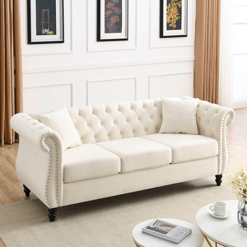 Anmytek 80 Inch Beige Velvet Chesterfield Sofa Tufted 3 Seater Couch with Nailhead Trim