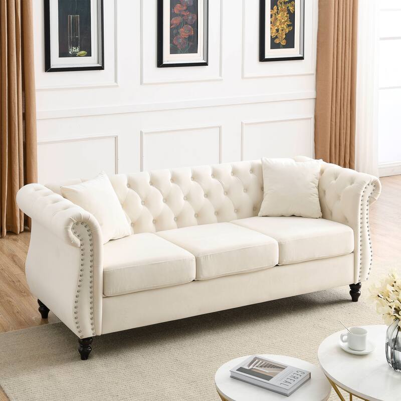 Classic 3-Seat Chesterfield Sofa with Solid Wood Frame & Plush Foam - Stylish Loveseat - Beige