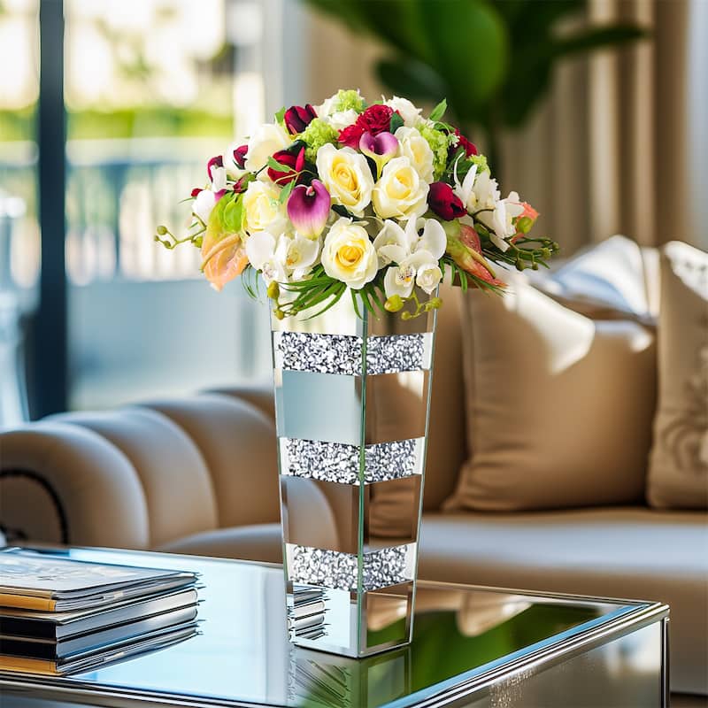 12" 28" Crushed Diamond Mirrored Glass Flower Vase Crystal Floor or Table Vase - for table-2.95”x3.94”x11.81”