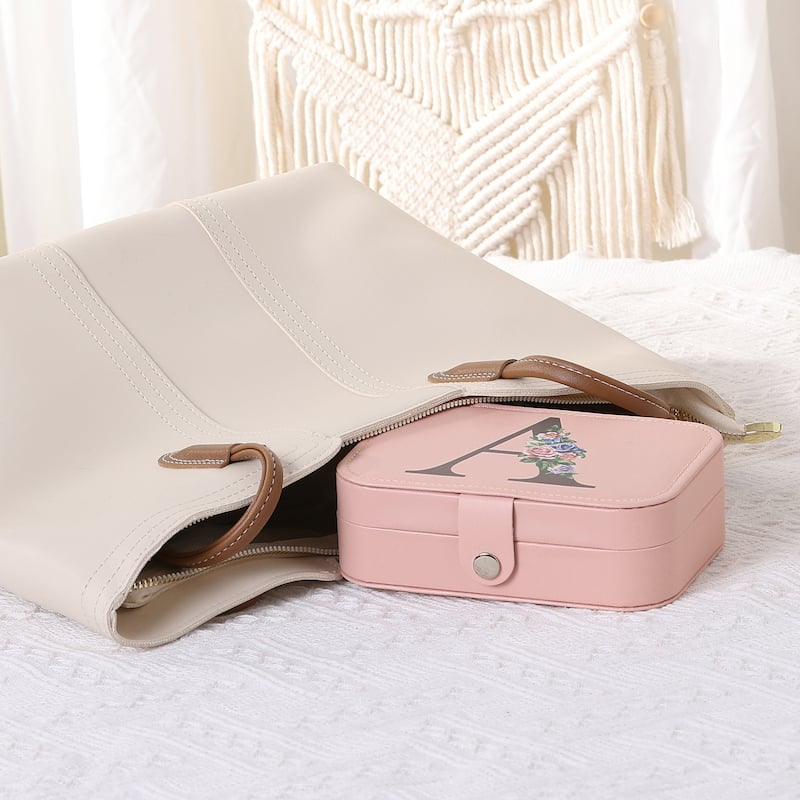 Letter Travel Jewelry Box for Girls Women Gifts, Portable PU Leather Jewelry Organizer Case Storage Display Holder - Pink