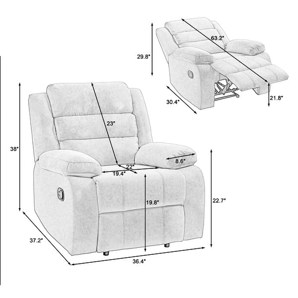 dimension image slide 2 of 3, Overstuffed Cotton Corduroy Manual Pushback Recliner with Wide Armrest