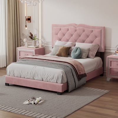 Modern Velvet Platform Bed with Tufted Headboard