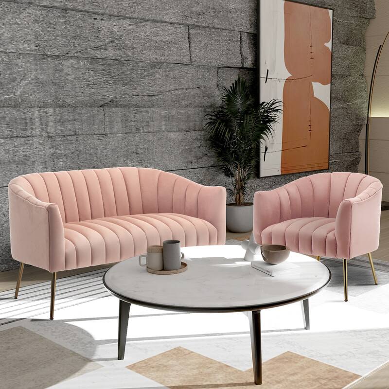 SEYNAR Velvet Upholstered Accent Chair and Loveseat Set - Pink