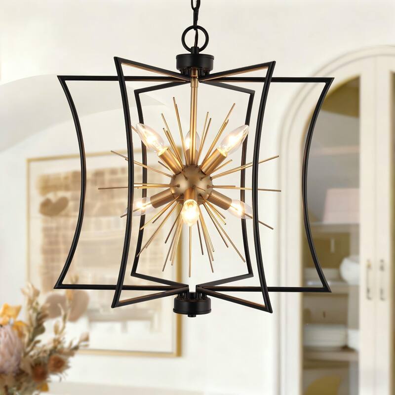 Modern Farmhouse 6-Light Black Gold Sputnik Chandelier Metal Cage Pendant Lighting for Dining Room - 20.5" D x 21.5'' H