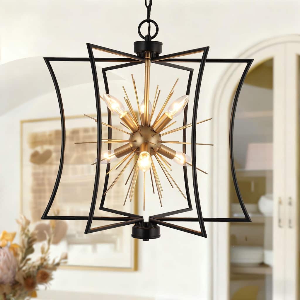 Modern Farmhouse 6-Light Black Gold Sputnik Chandelier Metal Cage Pendant Lighting for Dining Room - 20.5" D x 21.5'' H