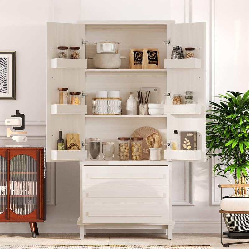 Farmhouse 70" Tall Kitchen Pantry Cabinet,Freestanding Wooden Kitchen Cupboard with 6 Door Shelves and 3 Drawers - White