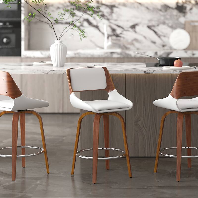 Mid-Century Fabric and Wood 26" Counter Stool with Swivel