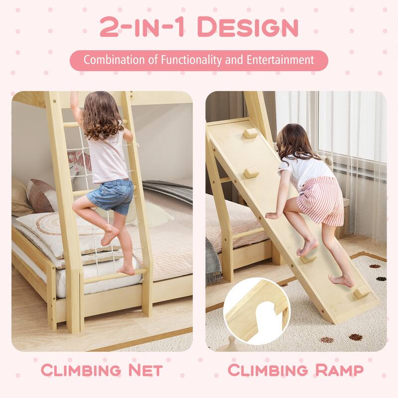 Twin Over Queen Bunk Bed Wooden Kids Bed with Climbing Nets and Ramp