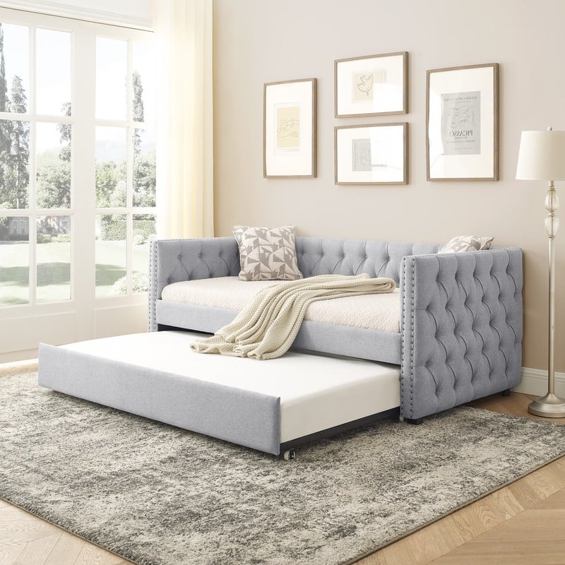 Daybed with Trundle Upholstered Tufted Sofa Bed with Button and Copper Nail on Square Arms
