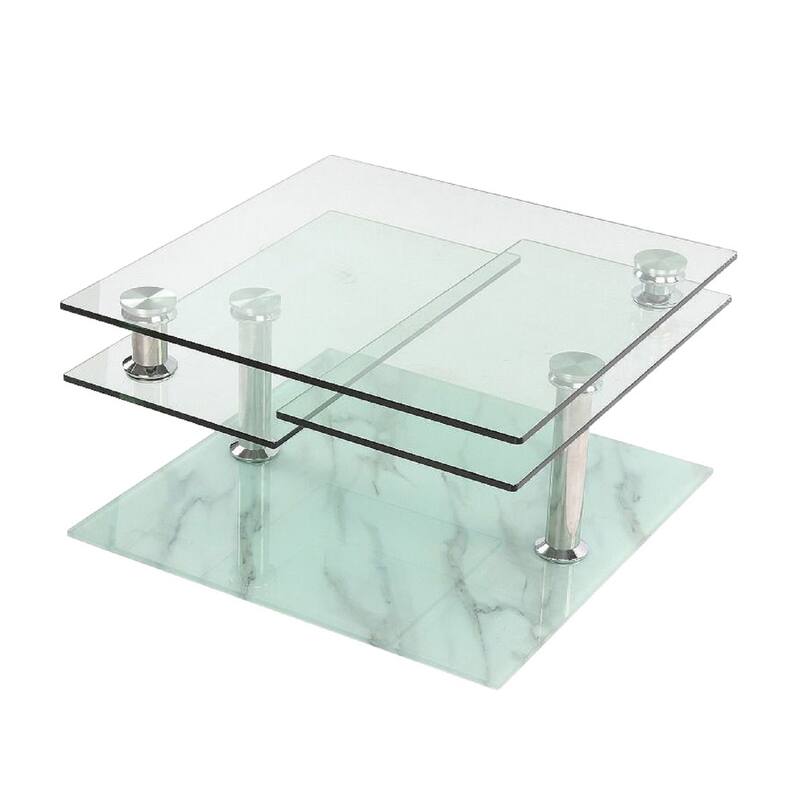 HomeRoots 32" Clear and White Faux Marble Glass and Metal Coffee Table With Three Shelves - 31.50 in. x 17.00 in. x 32.00 in.