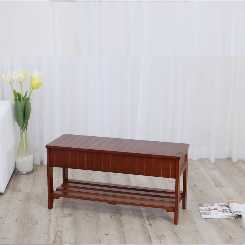 Simple Wooden Storage Bench with Flipping Lid, Indoor Bench Shoe Bench with Shelf at Bottom, Decorative Bench for Mudroom