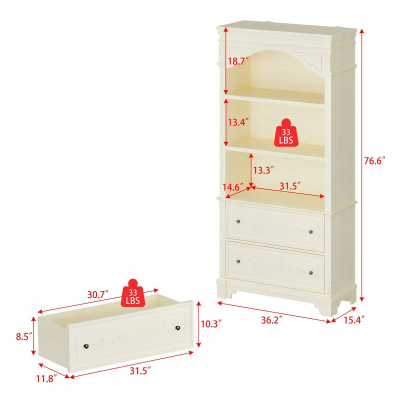 Vintage White Display Cabinet with Shelves and Drawers, Antique Bronze Handles, Hand-Rubbed Finish, Elegant Bookshelf