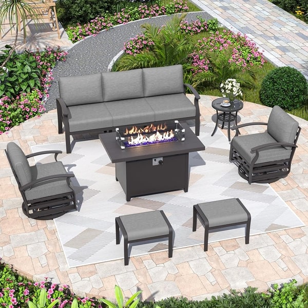 Aluminum Patio Furniture Set with Fire Pit, Ottomans \u0026 Rocking-Swivel Chairs,  Modular Sofa with Thick Cushions - Bed Bath \u0026 Beyond - 42698398, image size:600x600