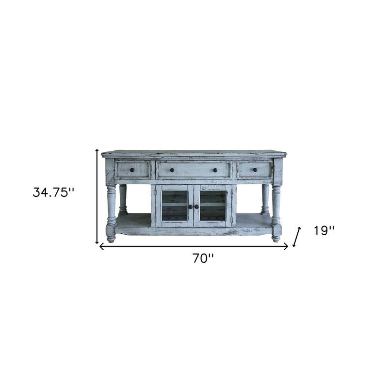 HomeRoots 70" Blue Solid Wood Open shelving Distressed TV Stand - 70' X '34.75' X '19