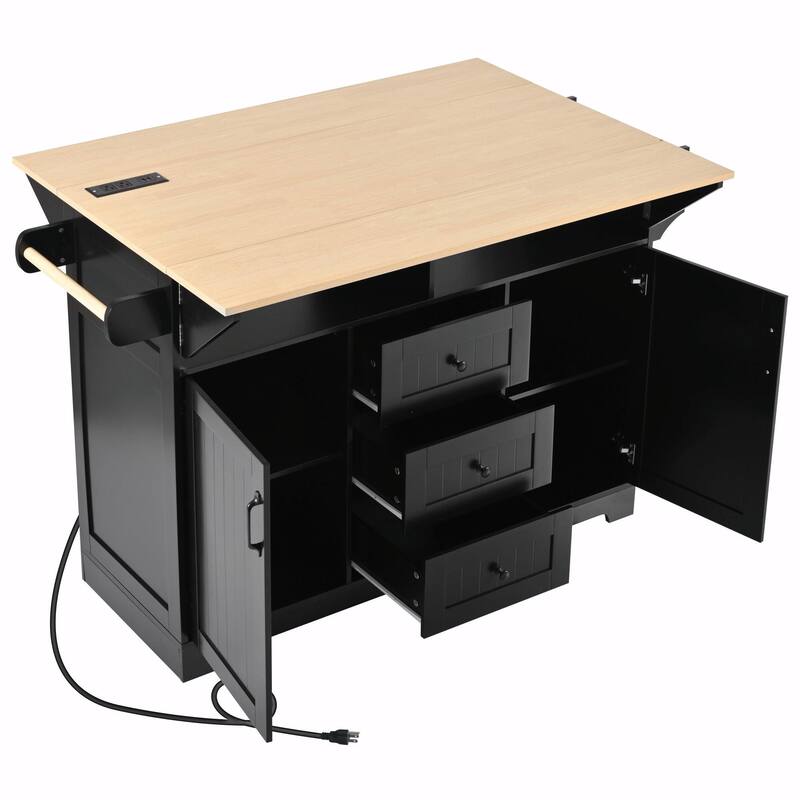 55.7" Kitchen Island with Drop Leaves, Rolling Cart with Power Outlet, Spice Rack, and 3 Drawers