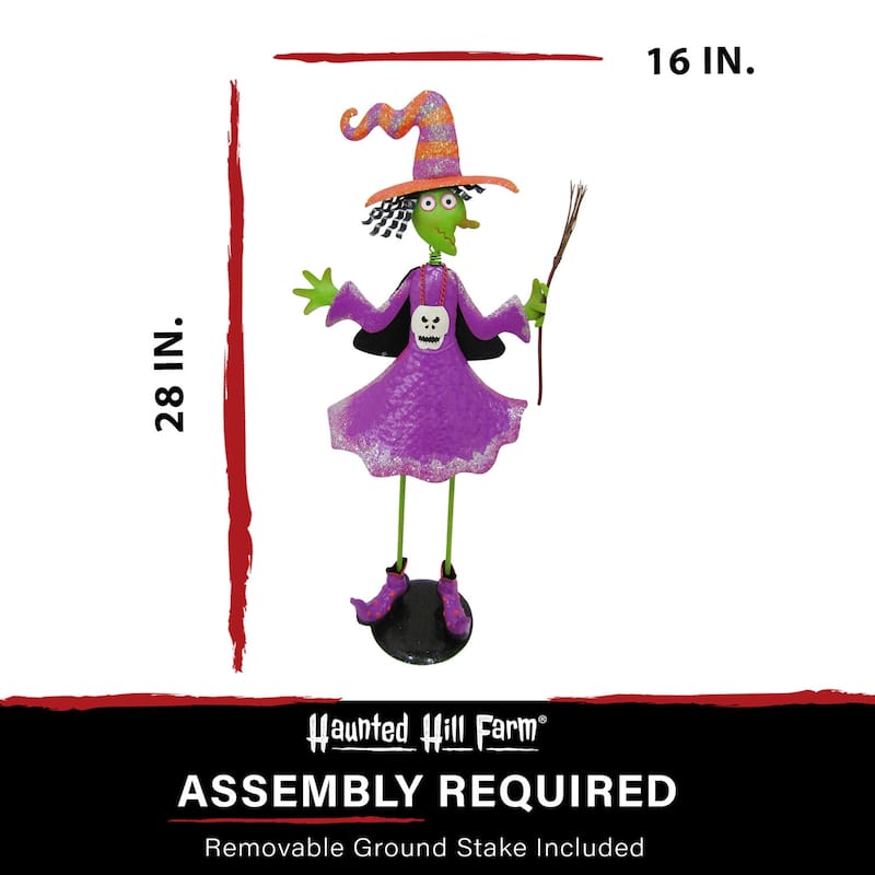 Haunted Hill Farm 28-In. Iron Witch Holding a Broomstick with Removable Yard Stake for Indoor or Outdoor Halloween Decoration