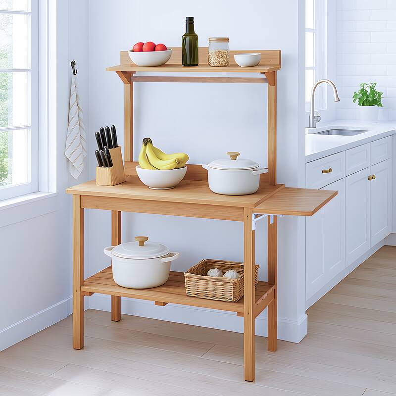 Natural Wooden Multi-Level Garden Potting Station with Foldable Side Pallet and Storage Shelf for Tools