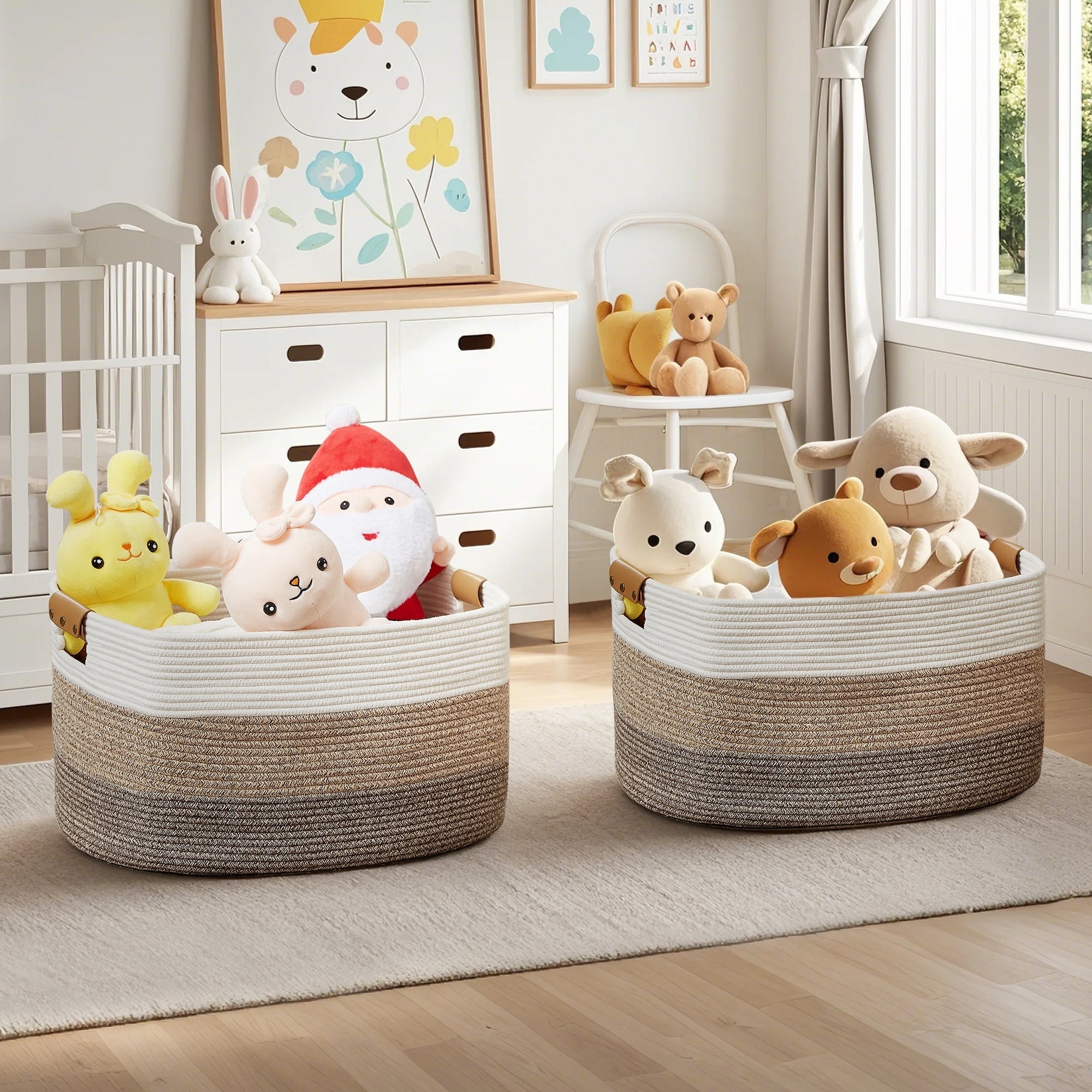 VECELO Set of 2 Handmade Cotton Rope Large Storage Baskets Versatile Laundry & Blanket Organizer with Handles for Living Room