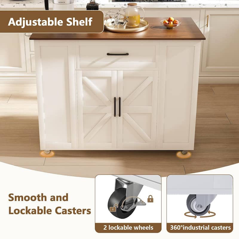 46" Kitchen Island on Wheels with Storage & Power Outlet - Movable Rustic Breakfast Bar Table