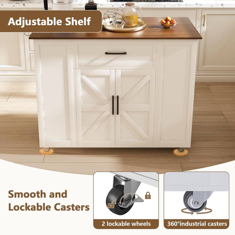 Anmytek White Farmhouse Kitchen Island Cart with Charging Station and Hidden Trash Compartment Rolling Cart for Kitchen Storage