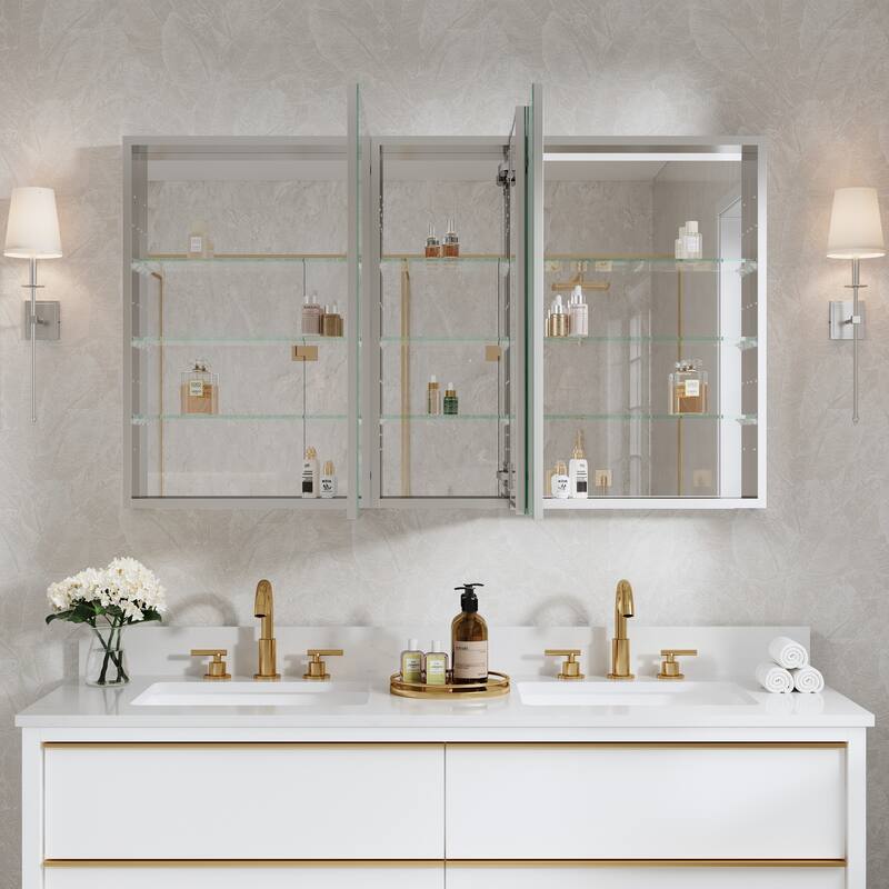 52"W X 30'H Bathroom Recessed or Surface Wall Mount Medicine Cabinet With Adjustable Glass Shelves