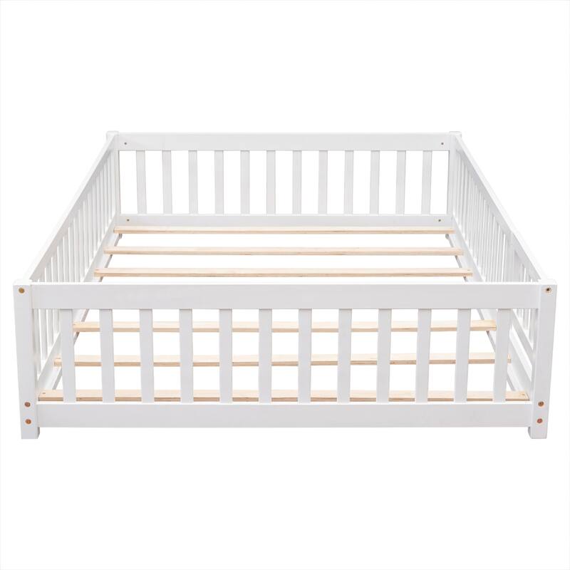Floor Platform Bed with Fence Guardrails and Door