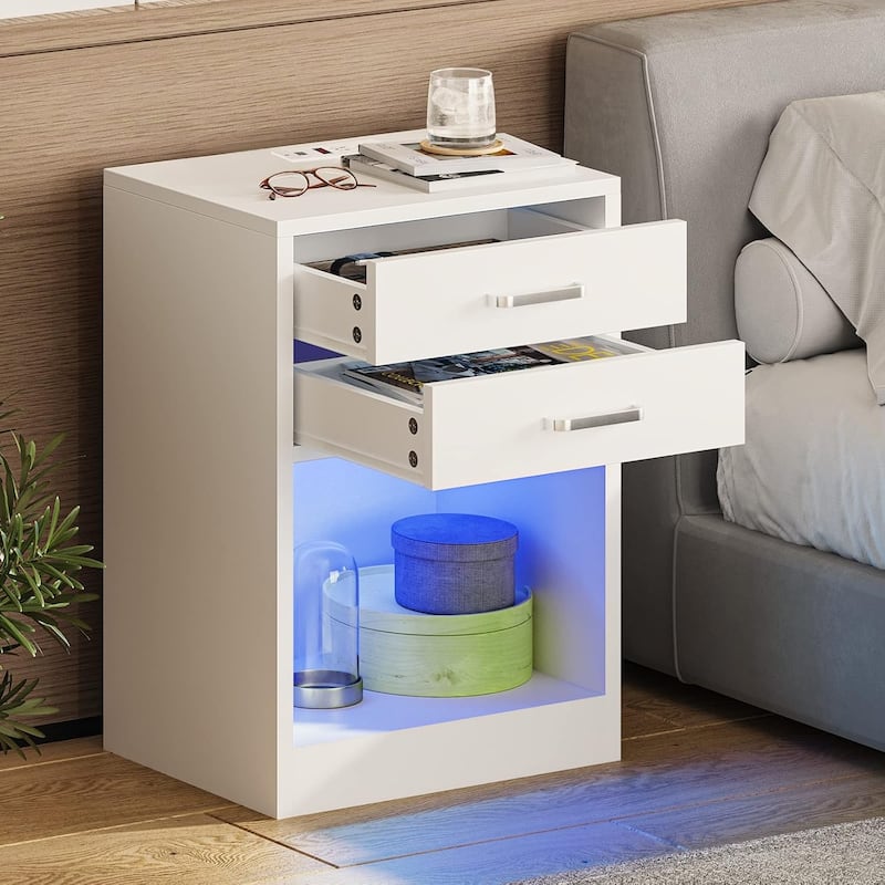 LED Nightstands Set of 2 Nightstand Bedroom Power Outlets 2 Drawers