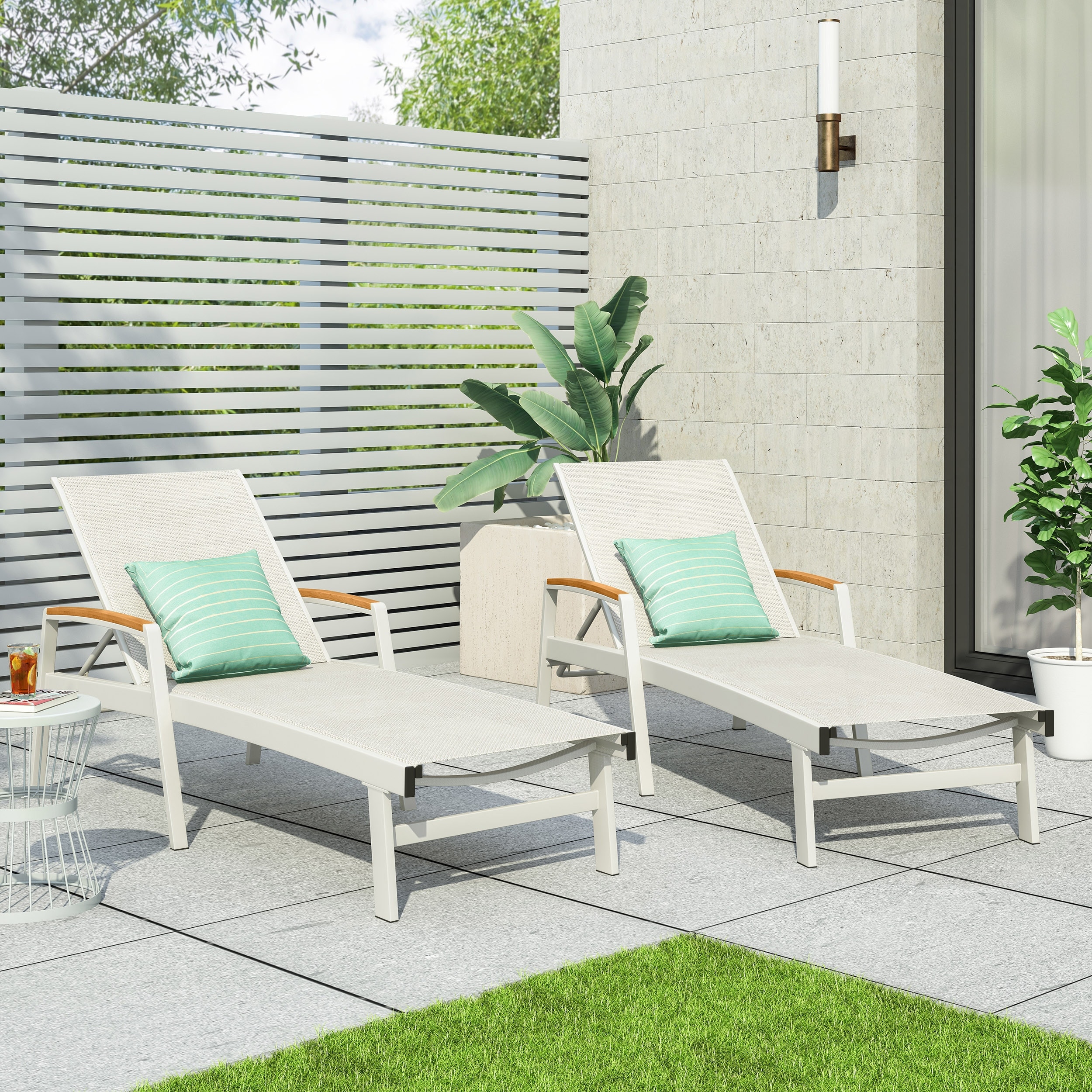 Set of 2 White Outdoor Chaise Lounge Chair with Adjustable Backrest