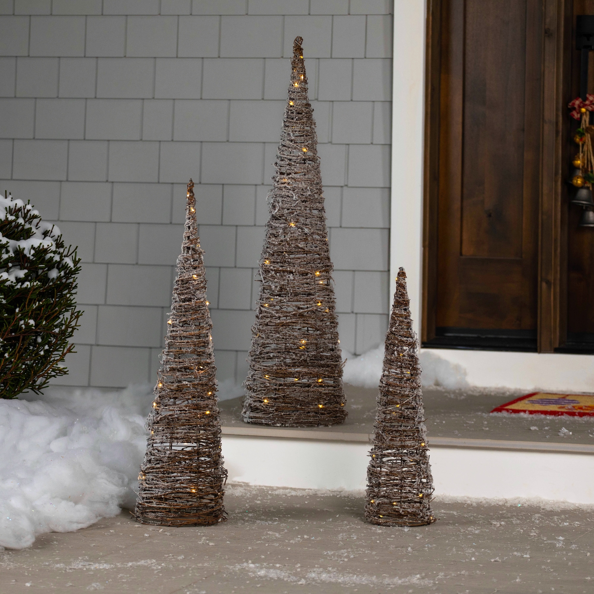 3 LED Lighted Snowy Rattan Christmas Cone Tree Decorations 3.25'