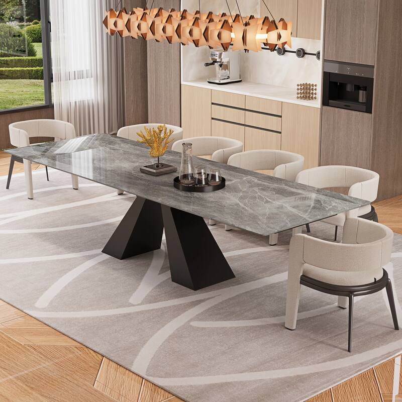 63'' to 94.5” Extendable Dining Table For 8-10 with Sintered Stone Tabletop and Metal Base - 94.48"