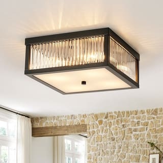 12.2 in. 4-Light Industrial Black/Gold Square Flush Mount Ceiling Light with Clear Glass Rods