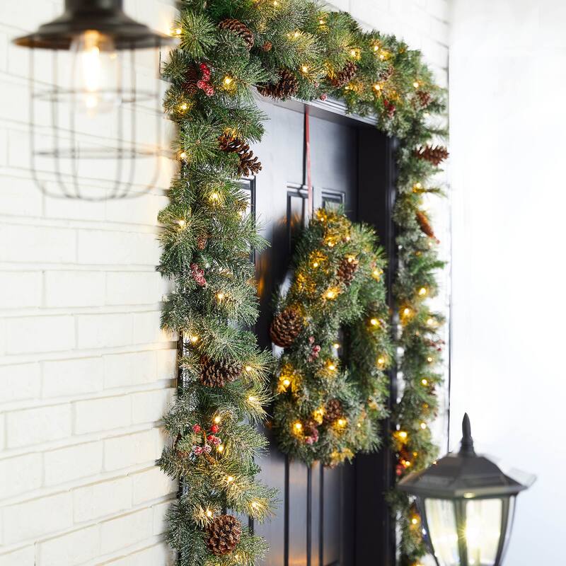 Glitzhome Glittered Pine Cone Christmas Wreath or Garland with LED Light and Timer
