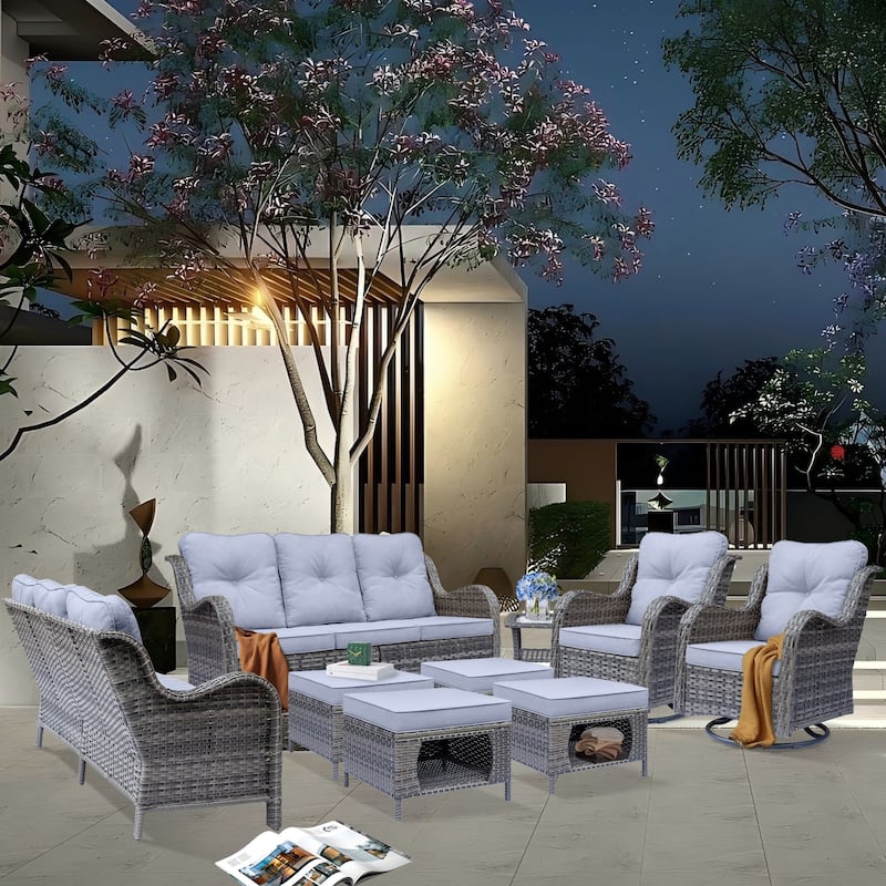 9 Piece Outdoor Wicker Patio Conversation Swivel Chairs Furniture Sets - Grey-Gray Rattan
