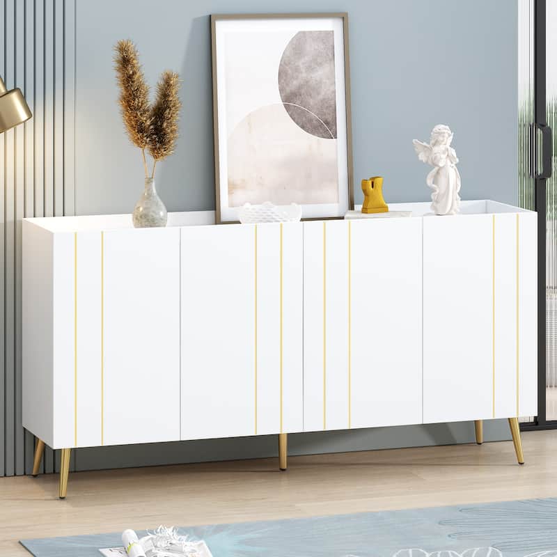 White 62.9" TV Stand Cabinet with 5 Metal Legs, 4 Adjustable Shelves and Gold Lines Doors for TVs Up to 70" - White