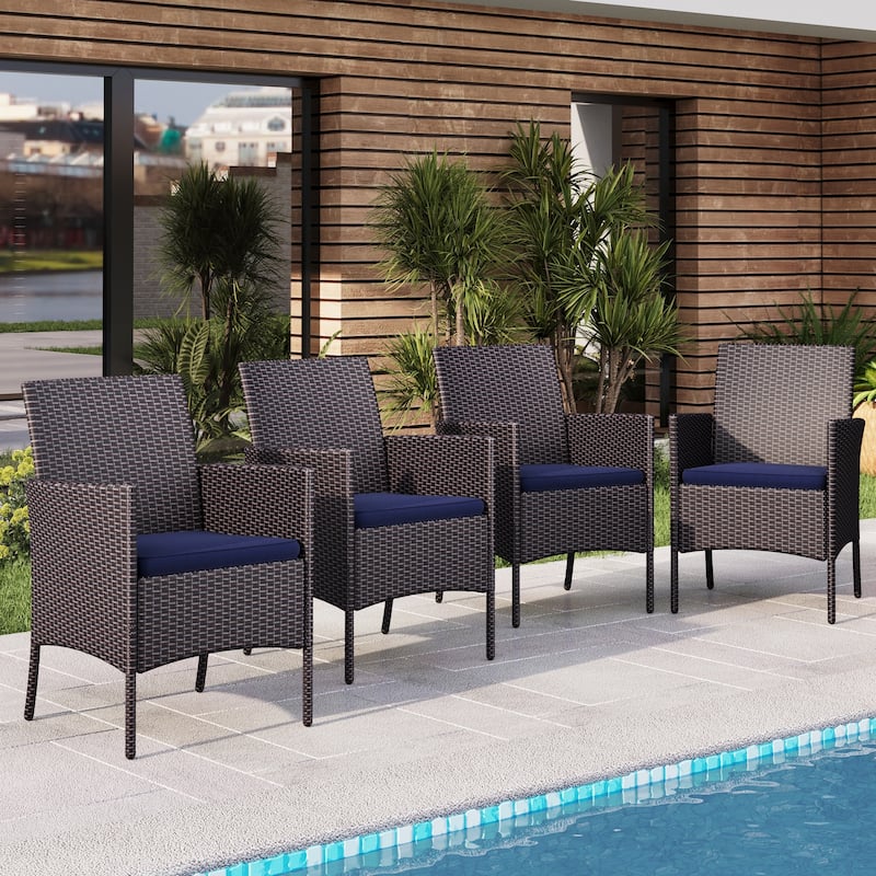 Patio Rattan Chair Set of 4, Outdoor Modern PE Wicker Armchair with Removable Cushions for Deck, Garden, Balcony - Dark Brown