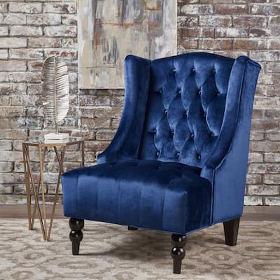 Navy Blue Velvet Modern 27.5" Upholstered Button Tufted Club Chair with Wood Legs for Living Room