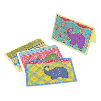 Novica Handmade Festive Elephant Cotton And Paper Greeting Cards (Set Of 4)