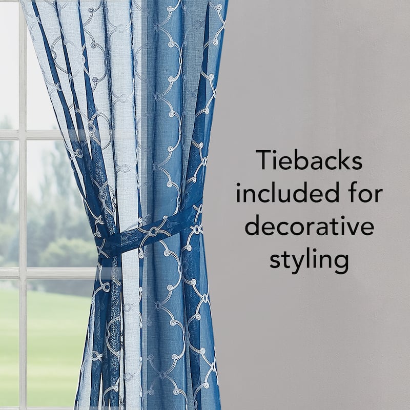 Creative Home Ideas Selena Embroidered Sheer Rod Pocket Window Curtain Panel Pair with Tiebacks