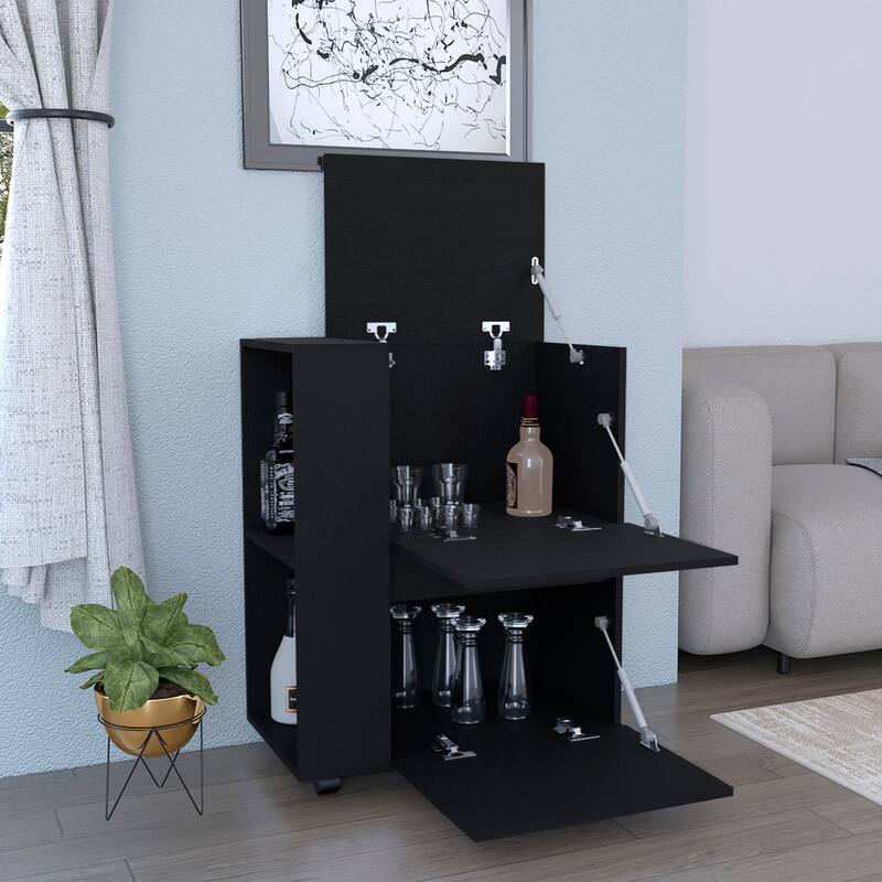 Glasgow Bar Cart Two Pull-Down Door Cabinets and Two Open Shelves - Laminate - Black