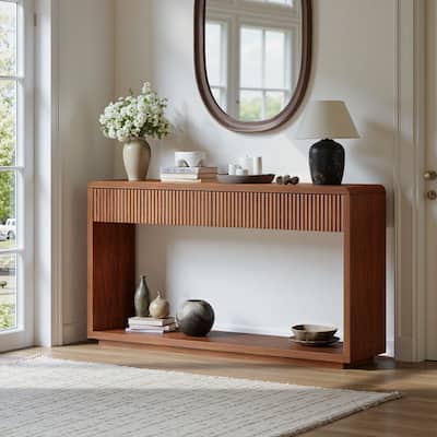 59'' Entryway Table with Drawers, Boho Fluted Console Table, Sofa Table with Storage