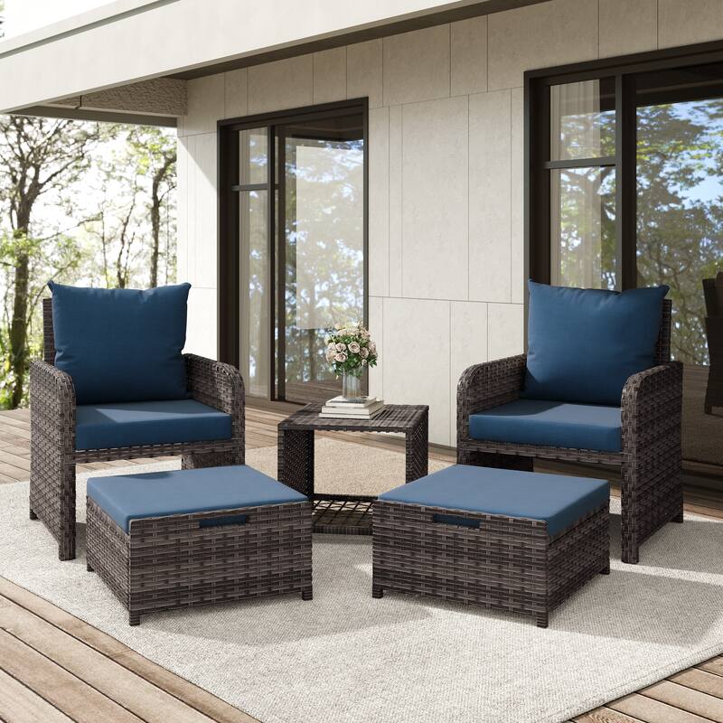 5-Piece PE Rattan Outdoor Patio Set with 2 Chairs, 2 Ottomans, Coffee Table