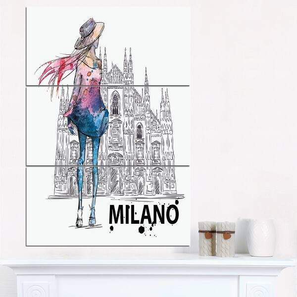 slide 2 of 3, Designart "Girl on a Milano Duomo" Contemporary Canvas Art Print - 28x36 - 3 Panels