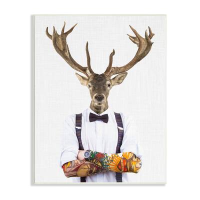 Stupell Tattooed Hipster Deer Antlers Suspenders Bowtie Outfit Wood Wall Art - Brown