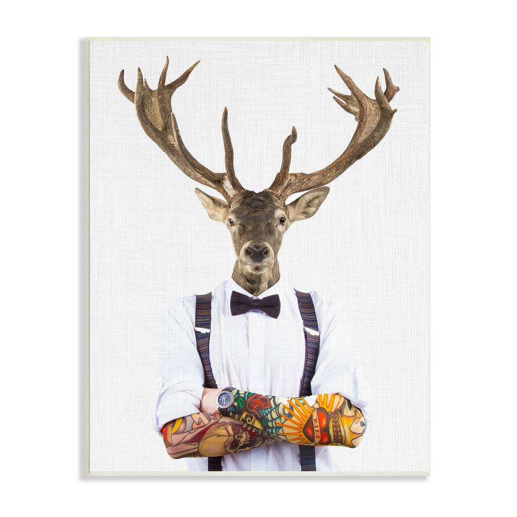 Stupell Tattooed Hipster Deer Antlers Suspenders Bowtie Outfit Wood Wall Art - Brown