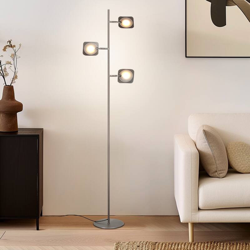 Brightech Tree 60 in. Brushed Nickel Industrial 3-Light 3-Way Dimming LED Floor Lamp with 3 Adjustable Spot Lights