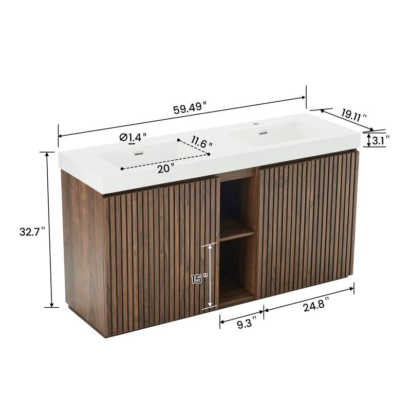 GDFStudio - Galan 60" Freestanding Bathroom Vanity with Quartz Sink, Solf Close Doors, Open Storage Shelf, NO Drain & Faucet