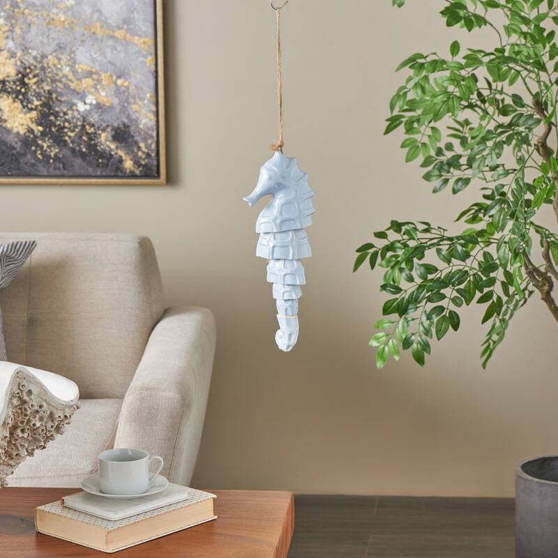 Blue Ceramic Sea Horse Indoor Outdoor Windchime with Brown Rope - Blue