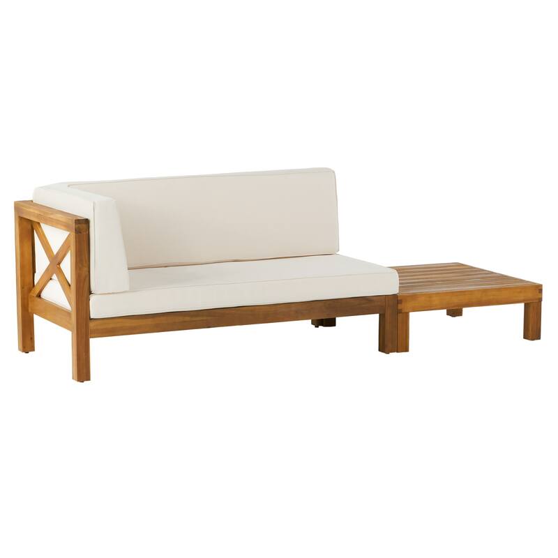 Brava Outdoor Acacia Wood Left Arm Loveseat and Coffee Table Set with Cushion by Christopher Knight Home
