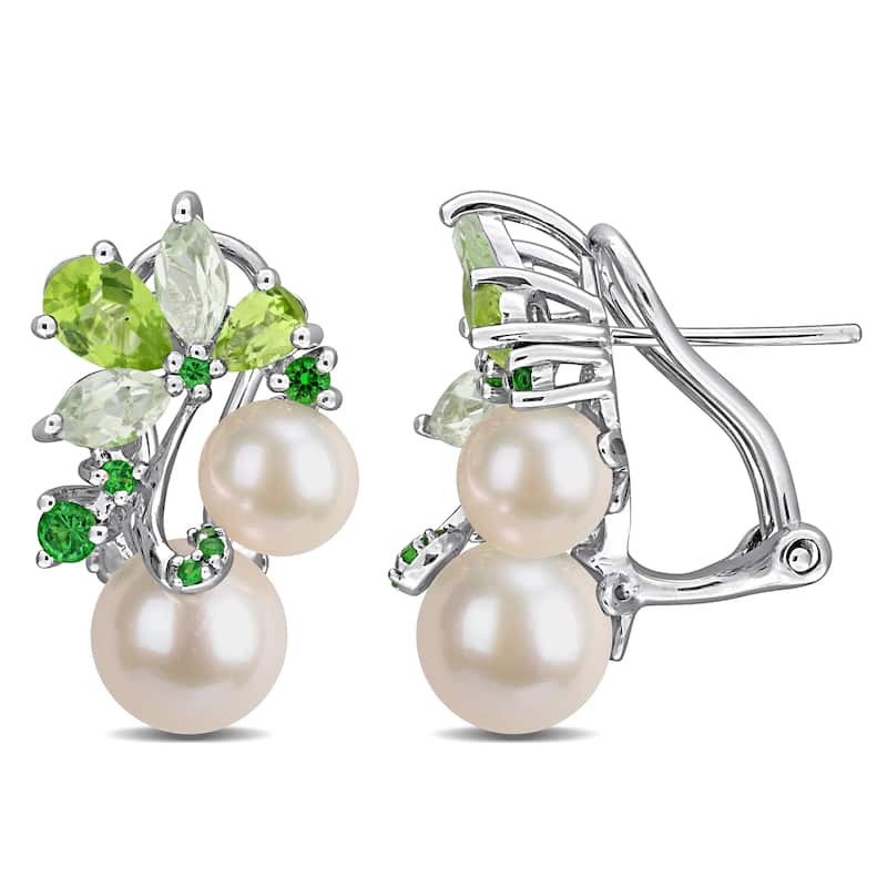 Miadora Cultured Freshwater Pearl and Gemstone Cluster Earrings Sterling Silver - Green